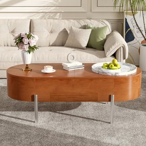 KIGFTSOD Oval Lift Top Coffee Table with 360-degree Marble-Patterned Rotating Tray, Hidden Compartment, Center Table for Home Living Room - 1 of 4