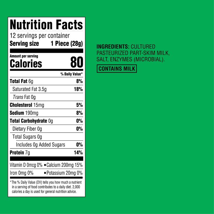 Nutrition label showing 80 calories per serving, with ingredients including cultured pasteurized part-skim milk, salt, and microbial enzymes, and a note that it contains milk.