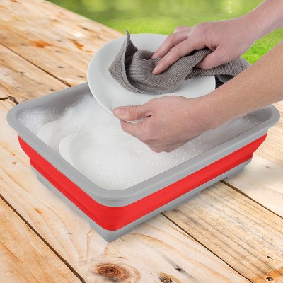Red and Gray Collapsible Plastic Wash Basin for Camping