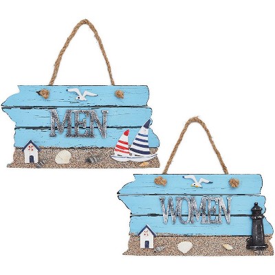 Okuna Outpost 2 Pack Hanging Wooden Bathroom Signs for Men and Women, Nautical Decor (7.87 x 4.7 in)