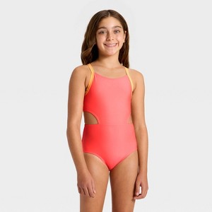 Girls' Sleeveless Colorblock One Piece Swimsuit - Cat & Jack™ Coral Pink - 1 of 3