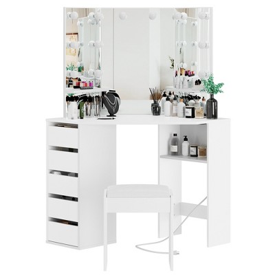 Makeup Vanity Desk With Mirror & Lights For Valentine Day Gifts,  Corner Makeup Vanity Desk, Large Dressing Tables 5 Drawers,Shelves and Vanity Stool