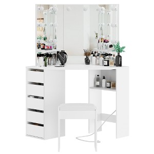 Makeup Vanity Desk With Mirror & Lights For Valentine Day Gifts,  Corner Makeup Vanity Desk, Large Dressing Tables 5 Drawers,Shelves and Vanity Stool - 1 of 4