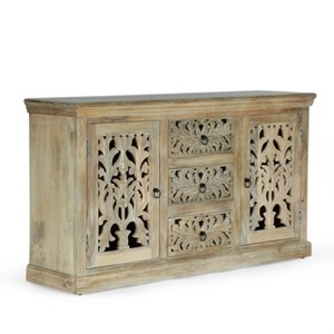 Horeb Boho Handcrafted Mango Wood 3 Drawer Sideboard Antique White - Christopher Knight Home: No Assembly, 34" High - 1 of 4