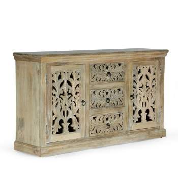 Horeb Boho Handcrafted Mango Wood 3 Drawer Sideboard Antique White - Christopher Knight Home