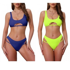 INSPIRE CHIC Women's Ribbed Scoop Neck Top Triangle Bottom Swimwear Bikini Suits 2 Sets - 1 of 4