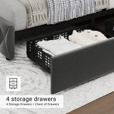 Upholstered Queen Platform Bed Frame with 4 Storage Drawers, PU Leather with Button Tufted, Wooden Slats Support, No Box Spring Needed, Noise-Free