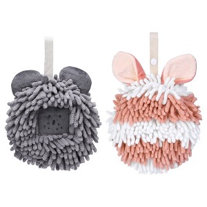 REGALWOVEN Rabbit Shape Quick Drying Soft Absorbent Decorative Chenille Fuzzy Ball Hand Towels with Hanging Loops 7" x 7" 2 Pcs - 1 of 4