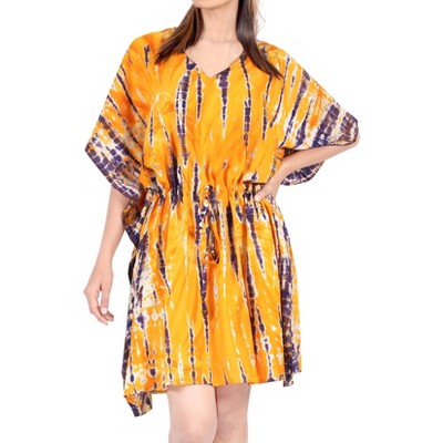 LA LEELA Women's House Daily Routine Evening Wear Holiday Casual Loungewear Oversize Caftan Knee Length Housecoat 2X-3X Orange, Tie Dye Design