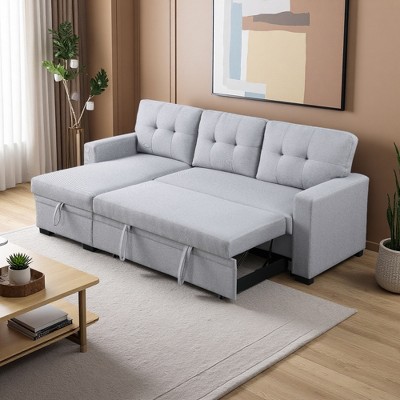 Linen L-Shaped Sectional Sofa with Tufted Cushions & Pull-Out Sleeper