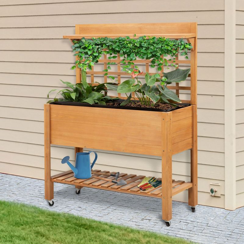 Outsunny 41'' Raised Garden Bed Mobile Elevated Wooden Planter Box Stand with Wheels, Trellis and Storage Shelf, 3 of 8
