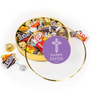 Easter Chocolate Gift Tin - Plastic Tin with Candy Hershey's Kisses, Hershey's Miniatures & Reese's Peanut Butter Cups - Purple Cross - By Just Candy