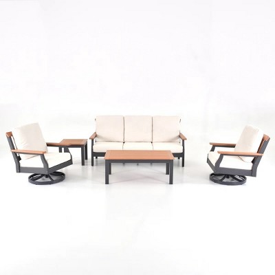 Modern Outdoor Sofa Set with Plush Cushions & WoodLook Metal Frame