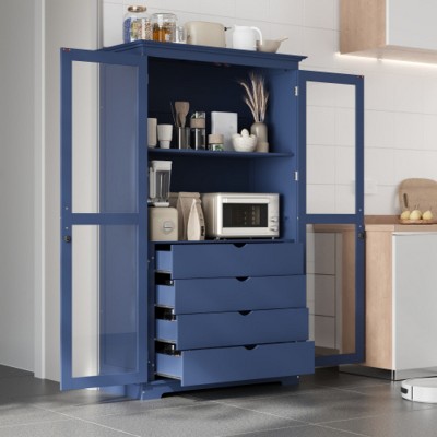 75" Kitchen Pantry Cabinet with 4 Drawers, Display Cabinet with Glass Doors, Freestanding Pantry Cabinet for Dining Room–The Pop Home