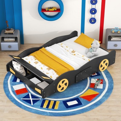 Full Size Platform Bed, Solid Wood Race Car-Shaped Bed Frame With Wheels And Storage Space, No Box Spring Needed