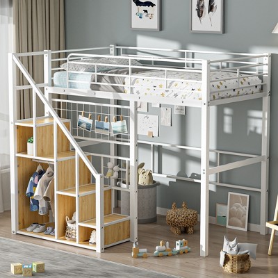 Twin Size Metal Loft Bed Frame with Storage Staircase and Small Wardrobe, Black/White - ModernLuxe
