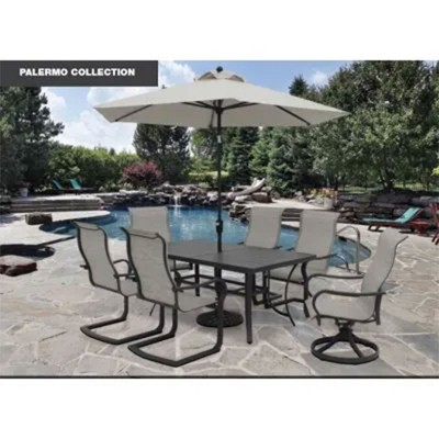 Palermo 67" Gray Aluminum Slat Top Dining Table with Umbrella Hole