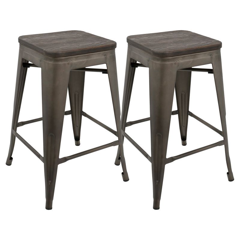 Set of 2 Oregon Industrial Stackable Counter Height Barstool with Frame Antique Wood - Lumisource, 1 of 12
