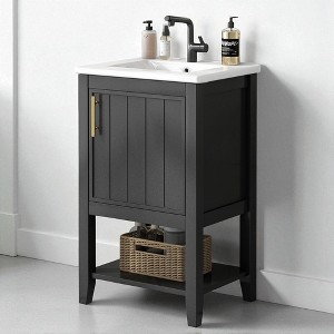 20" Bathroom Vanity with Ceramic Sink, Soft-Close Door, Storage Rack, Open Shelf, Solid Wood & MDF Freestanding Cabinet - 1 of 4