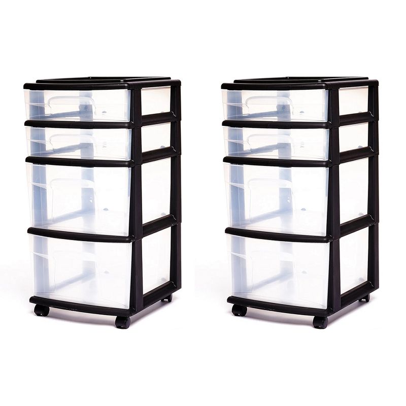 Homz Plastic 4 Clear Drawer Medium Home Organization Storage Container Tower with 2 Large Drawers and 2 Small Drawers, Black Frame (2 Pack), 1 of 7