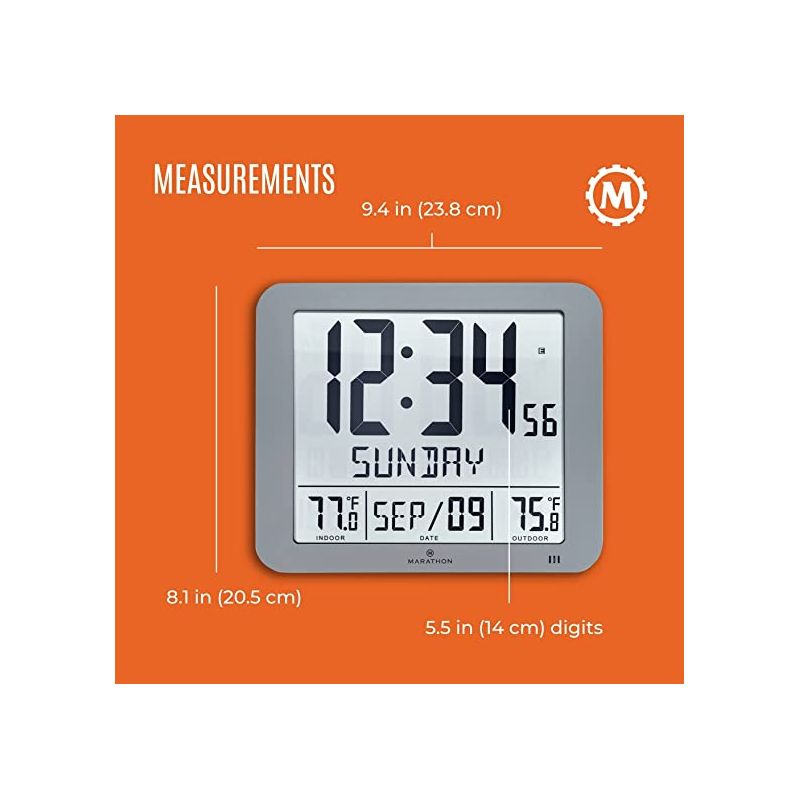 Marathon Slim Atomic 10-Inch Wall Clock  Full Calendar Display With Indoor & Outdoor Temperature, 5 of 7