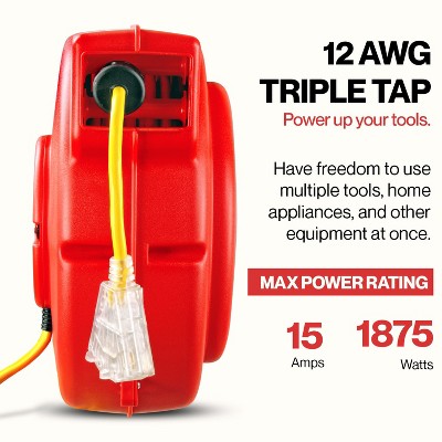 ReelWorks 80' Red Retractable Extension Cord Reel with Triple Tap
