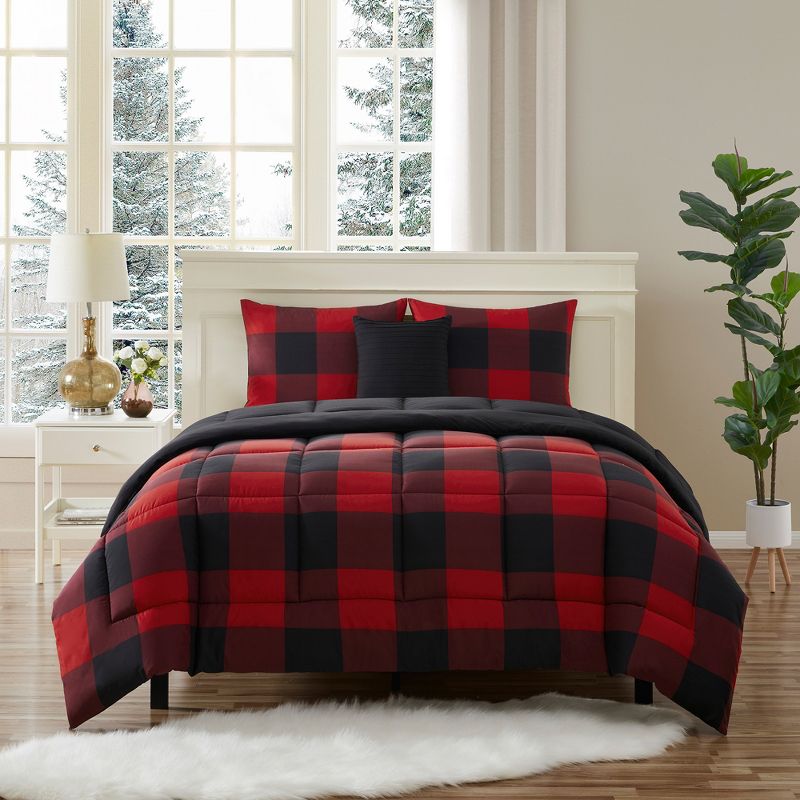 4 Piece Buffalo Plaid Design Reversible to Solid Color with 2 Shams & Throw Pillow by Sweet Home Collection™, 1 of 4