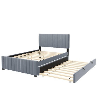Bellemave Full Bed Frame with Trundle Bed,Velvet Upholstered Platform Bed Frame,Full Size Trundle Bed with Headboard for Kids Teens Adults (Gray)