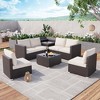 8 Pieces Outdoor Wicker Rattan Patio Furniture Sectional Set, Conversation Sets with Glass Table and Hidden Storage, Brown Rattan with Beige Cushion - 2 of 4