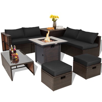 Tangkula 9 PCS Outdoor Patio Furniture Set w/ 30" Propane Fire Pit Table PE Wicker Space-Saving Sectional Sofa w/ Storage Box and Cushions Black/Gray/Navy/Red/Turquoise/Off White
