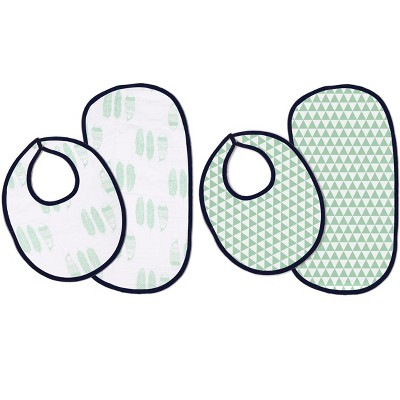 Bacati - Noah Navy/Mint Feathers/Triangles Muslin 4 pc set of Bibs & Burp Cloths Set