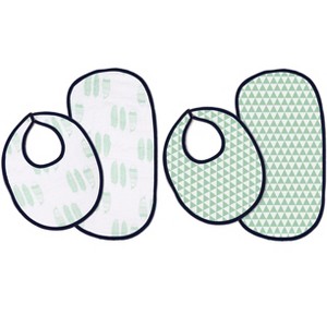 Bacati - Noah Navy/Mint Feathers/Triangles Muslin 4 pc set of Bibs & Burp Cloths Set - 1 of 4