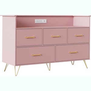 47 Inch Wide Dresser for Bedroom with 5 Spacious Drawers and LED Lights, Chest of Drawers with Built-in Charging Station, Freestanding Cabinet - 1 of 4