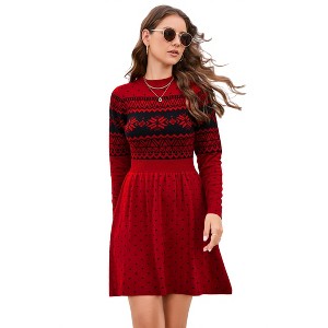 Womens Sweater Dress Long Sleeve Crewneck High Waist A-Line Cute Knitted Mini Sweater Dress - 1 of 4