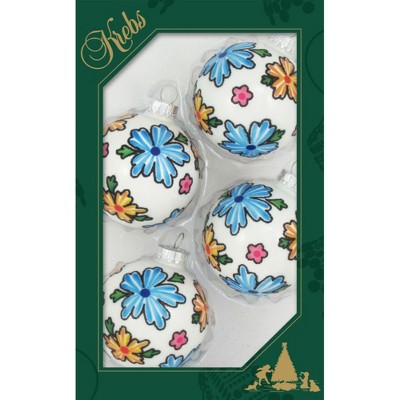 Christmas by Krebs 4ct Porcelain White and Blue Boho Flowers Matte Christmas Ball Ornaments 2.5" (67mm)