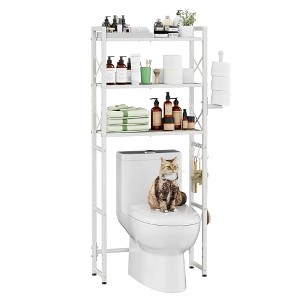 Simple Trending Over The Toilet Storage Rack with Toilet Paper Holder, Heavy Duty Metal 3 Tier Bathroom Organizer Shelf with 3 Hooks, White - 1 of 4