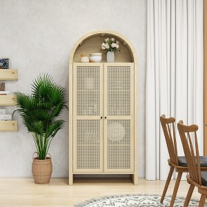 70" Tall Arched Kitchen Pantry Cabinet with Rattan Doors, Adjustable Shelves, Storage for Dining Room & Living Room - 1 of 4