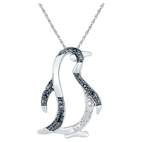 Sterling Silver Black Diamond Penguin Pendant and Chain