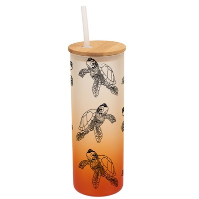 Elanze Designs Sea Turtle Ocean Life Wrap-Around Design 25 Ounce Frosted Gradient Glass On-The-Go Coffee Travel Skinny Tumbler Mug Cup, Bamboo Lid and
