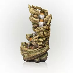 47" Resin Outdoor 5-Tier Tree Trunk Waterfall Floor Fountain with LED Lights Brown - Alpine Corporation