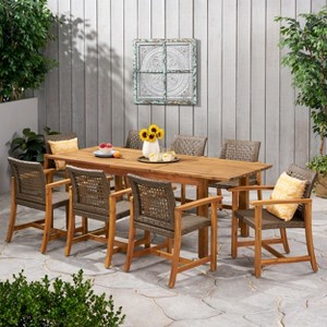 Christopher Knight Home Edgewood Outdoor Acacia Wood and Wicker 9 Piece Dining Set, Teak/Mixed Mocha - 1 of 4