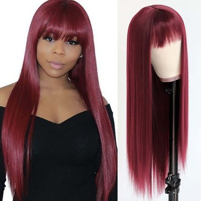 Jessie's Wig 26 Inch Long Silky Straight Synthetic Bangs Wigs Ombre Dark Burgundy to Red 1 Pc/Pack