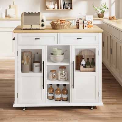 Garvee 41" Rolling Kitchen Island with Drop Leaf and 2 Glass Door, 3 Open Shelves Cabinets with 2 Drawers for Dining Room, Kitchen