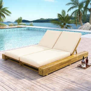 Christopher Knight Home Thira Rustic Outdoor Acacia Wood Double Chaise Lounge with Adjustable Back, No Cushion Included - 1 of 4