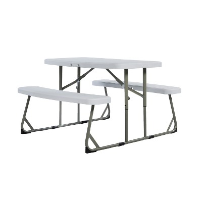 Emma and Oliver Kid's Easy Fold Waterproof, Stain and Impact Resistant Plastic Picnic Table with Benches and Steel Tube Frame