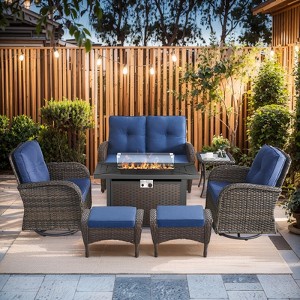 Buenhomino 7 Piece Outdoor Patio Wicker Conversation Set with Fire Pit Table, Includes Glider Loveseat, Swivel Rocking Chairs, Ottomans and Side Table - 1 of 4