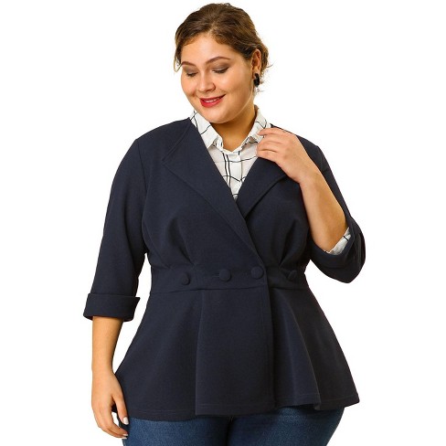 Agnes Orinda Women's Plus Size Office Work Double Lapel Button Peplum  Blazers Black 1X