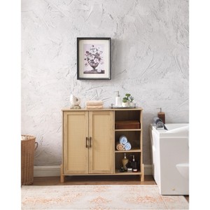 35" Sideboard Storage Cabinet with Rattan Doors & Adjustable Shelf, Bathroom Cabinet Natural Style Coffee Bar Accent Cabinet for Living Room Entryway - 1 of 4