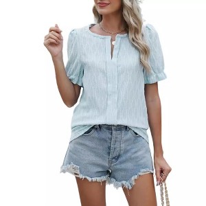 Women Summer Tops Cute Puff Short Sleeve Shirt V Neck Casual T Shirts Loose Fit Blouses - 1 of 4