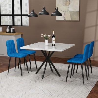 KTMBDW Square Dining Table Set, Modern Square Dining Table with 4 Blue Chair, Faux Marble Tabletop and Iron Legs, Coffee Table for Kitchen Dining Room